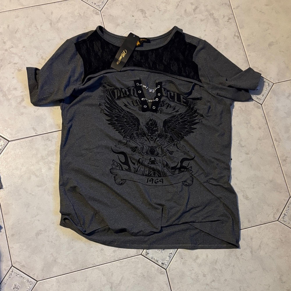 Dark Gray Graphic Tee with Lace Accents